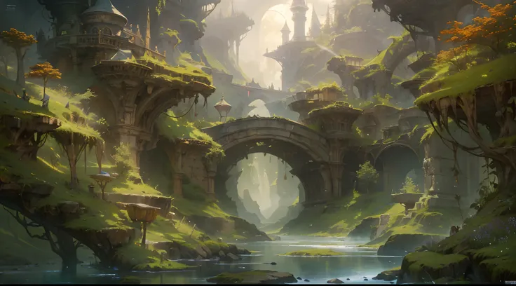 (by Greg Rutkowski: 1.2), (masterpiece), (best quality), extremely delicate and beautiful, illustration, (fantasy landscape), A mesmerizing fantasy landscape with enchanting elements blending seamlessly. (fantasy realm filled with fantasy creature), Provid...