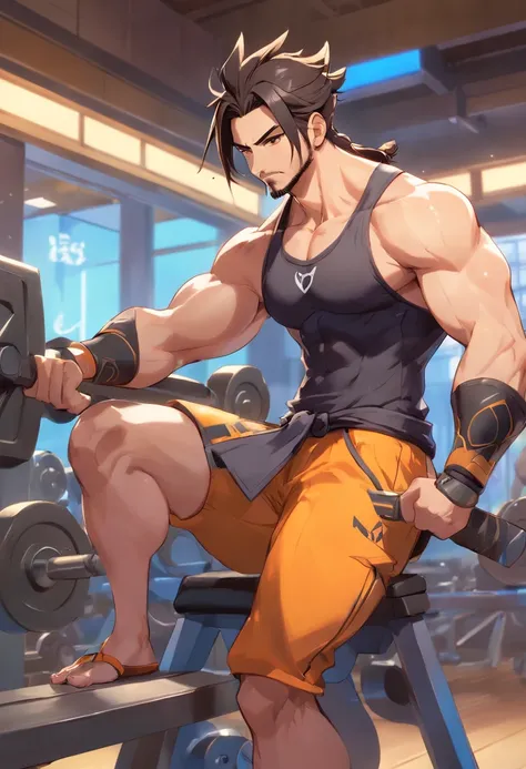 Hanzo Overwatch, Picking up heavy in a bodybuilding gym, well-defined muscles, perfect biceps, focus in muscles, incredible details