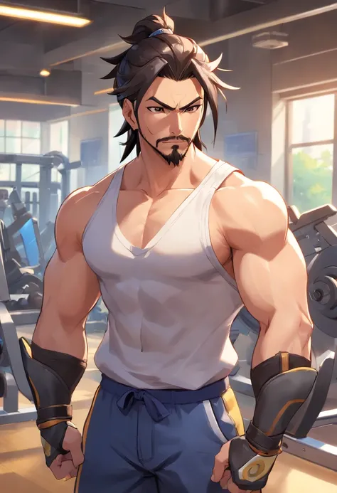 hanzo Overwatch, Picking up heavy in a bodybuilding gym, well-defined muscles, perfect biceps, focus in muscles, incredible details