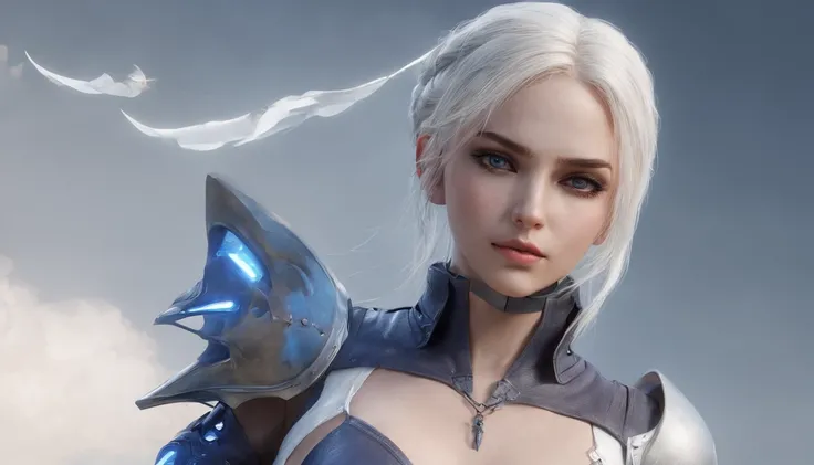 Cirilla Fiona Elen Riannon，Highest image quality，Outstanding details，超高分辨率，（Fidelity：1.4）, Favor the details，closeup cleavage，Ride a dragon，High-tech dragon knight mech，He has a delicate and beautiful face，（（Blue-white flying semi-mechanical fuselage：1.8））...