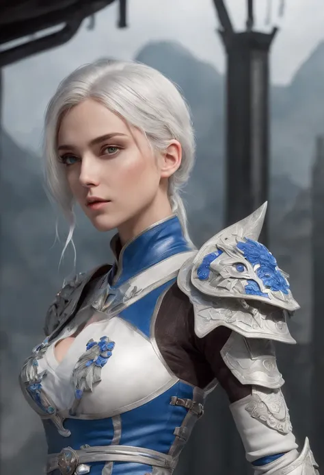 Cirilla Fiona Elen Riannon，Highest image quality，Outstanding details，超高分辨率，（Fidelity：1.4）, Favor the details，closeup cleavage，Ride a dragon，High-tech dragon knight mech，He has a delicate and beautiful face，（（Blue-white flying semi-mechanical fuselage：1.8））...