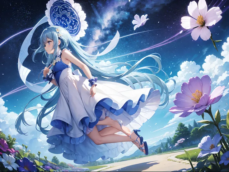 (hight resolution、ultra-detailliert、nffsw、movie)、独奏、1girl in、Happiness、Girl Standing In Cosmos Flower Garden、Girl around the petals、A charming smile、full body Esbian、Long-haired girl with blue hair、lightblue hair、facing front、Fantasia、Official art、pop-art、...