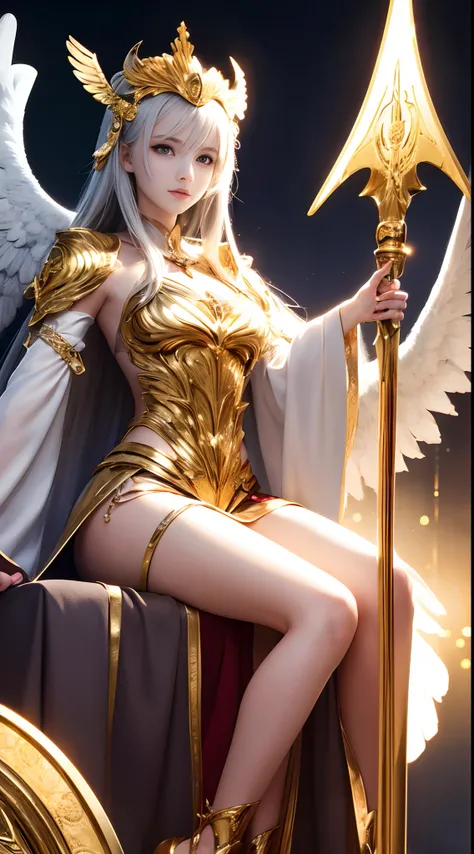 Full Body, Silver-haired young girl, golden eyes, angelic body and face, and a golden angelic armor with a mini skirt, wield a spear, wear a cloak, shield, and golden circlet, sitting on the throne of golden light, golden wings, sun, and moon background sc...