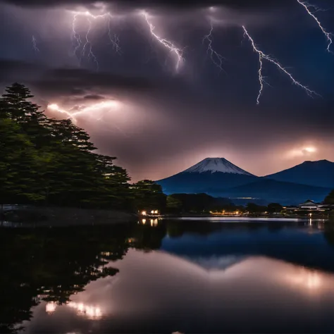 Master Parts、Superior Quality、superior image quality、The 8k quality、Beautiful photos of lightning:1.9、magnifica、(mont. Fuji seen from Lake Shoji:1.9)、Lake level only, Mountains and sky:1.9, (((Dramatic Lightning:1.9))), Pale lightning:1.9