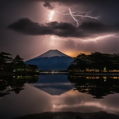 Master Parts、Superior Quality、superior image quality、The 8k quality、Beautiful photos of lightning:1.9、magnifica、(mont. Fuji seen from Lake Shoji:1.9)、Only the surface of the lake, the mountains and the sky:1.9, (((Dramatic Lightning:1.9)))