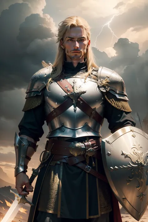 ((Sword and Shield held close to his chest)), a 5 feet long great broad sword, a round golden shield held before, A fierce and noble English knight stands tall in the midst of a raging storm, his chainmail glinting in the lightning as he bravely defends hi...