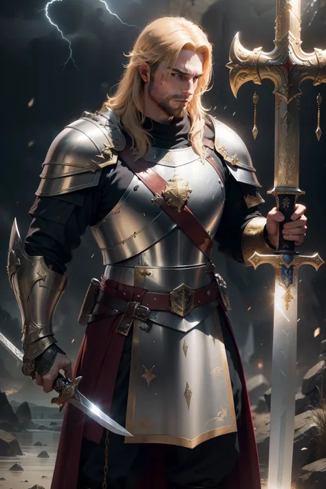 ((Sword and Shield held close to his chest)), a massive great broad sword, a round golden shield held before, A fierce and noble English knight stands tall in the midst of a raging storm, his chainmail glinting in the lightning as he bravely defends his ru...