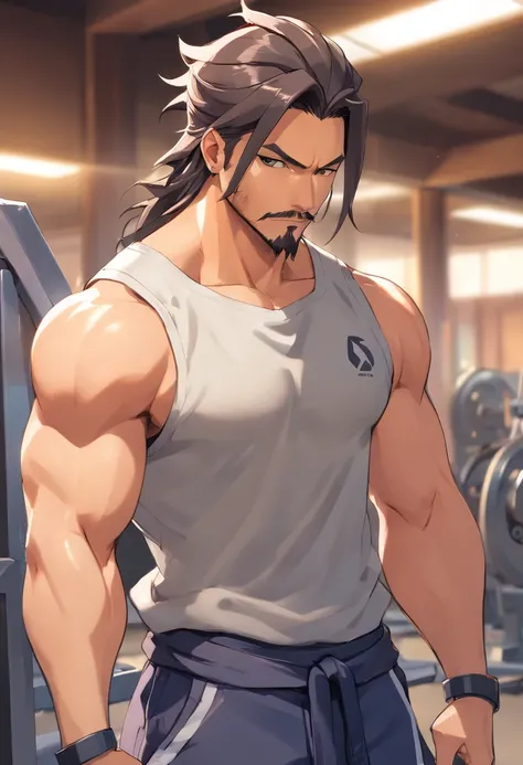 Hanzo Overwatch, corpo inteiro,Picking up heavy in a bodybuilding gym, well-defined muscles, perfect biceps, focus in muscles, incredible details