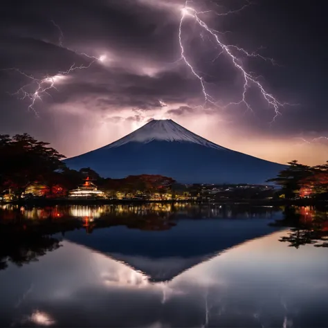 Master Parts、Superior Quality、superior image quality、The 8k quality、Beautiful photos of lightning:1.9、magnifica、(Mt. Fuji seen from Lake Shoji:1.9)、(((Dramatic Lightning:1.9)))