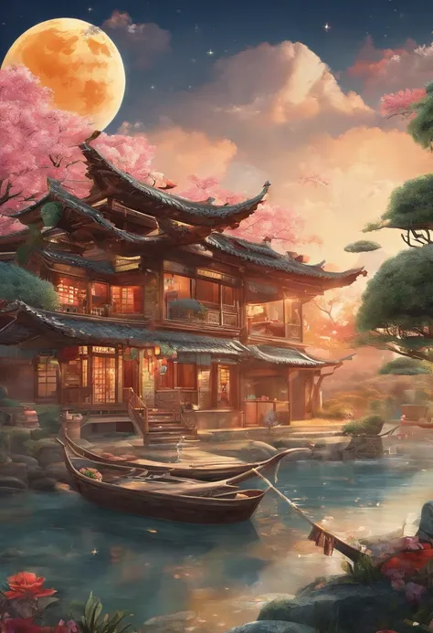 (top-quality、8K、tmasterpiece:1.3)、Full moon and stars in sky illustration，The family sits together eating mooncakes,Mom and dad laugh with the kids，Have in the living room、Bright house scene，extremely detailed face and skin，Heartwarming scene，perfect  deta...