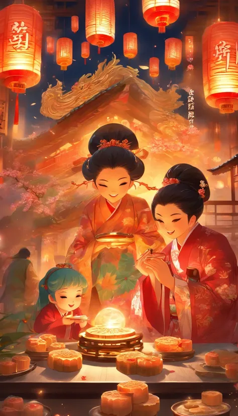 A family eats mooncakes，There are mooncakes on the table, Food in hand, tea drinking and paper lanterns, Bright moon,Chinese style painting, exciting illustration