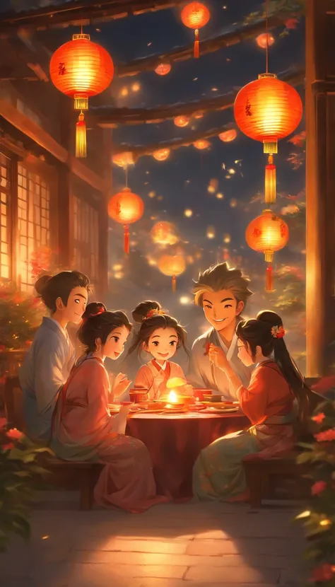 The family sits together, Enjoy a festive dinner, Surrounded by a warm and comfortable atmosphere. The room was beautifully decorated，Equipped with lanterns, Symbolizes the joy of the Mid-Autumn Festival. The table is filled with a variety of delicacies, I...