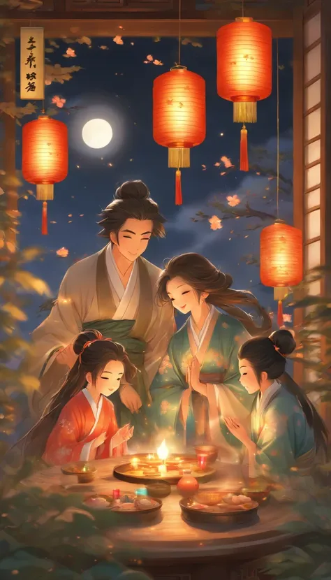 The family sits together, Enjoy a festive dinner, Surrounded by a warm and comfortable atmosphere. The room was beautifully decorated，Equipped with lanterns, Symbolizes the joy of the Mid-Autumn Festival. The table is filled with a variety of delicacies, I...