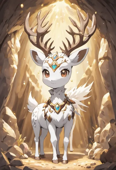 a detailed anime drawing of a huge ornate ((white and brown)) female deer with ((deep brown eyes)) and rocky crystals surrounding its body like a suit of armor with large antlers standing inside of a cave