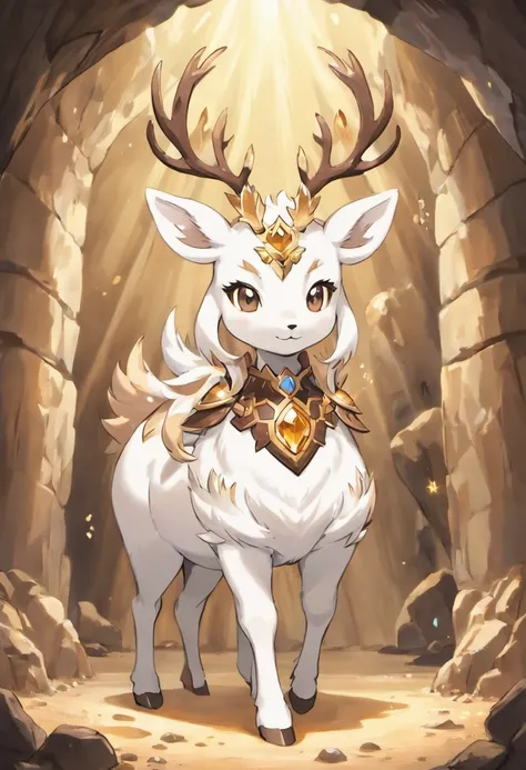 a detailed anime drawing of a huge ornate ((white and brown)) female deer with ((deep brown eyes)) and rocky crystals surrounding its body like a suit of armor with large antlers standing inside of a cave