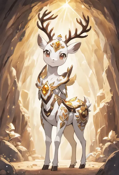 a detailed anime drawing of a huge ornate ((white and brown)) female deer with ((deep brown eyes)) and rocky crystals surrounding its body like a suit of armor with large antlers standing inside of a cave