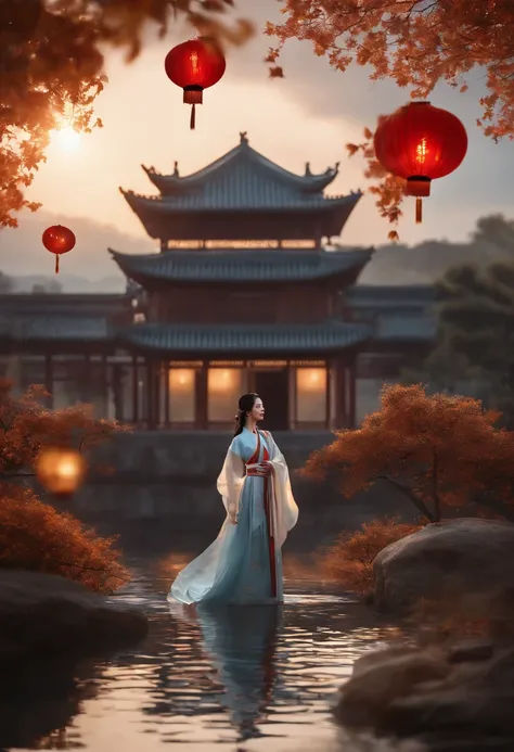 offcial art, Unity 8k wallpaper, Ultra detailed, Beautiful and aesthetic, Masterpiece, Best quality, (Fire, water, ribbon, paper cut out), (Fractal art:1.3) 1girll,Building, (Solo:1.5), Chinese_clothes, sky, Outdoors, Wide_Sleeves, black_Hair, Sunset, (Fal...