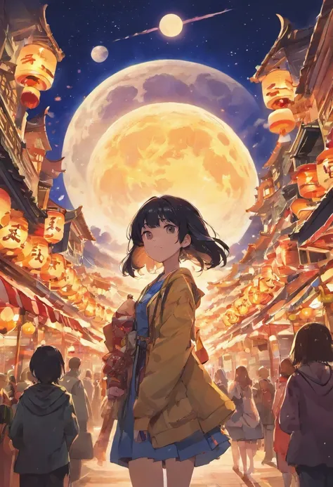 Mid-Autumn Festival、Moon、themoon、Sun Star、Mooncake stalls、Concert、band、fire works、UAVs、environment friendly、tradit、celebrating、enviroment、The villagers、Plaza、Bamboo lanterns、the night、celebrating、Artistically、device、decor、castoff、save、resource，high definit...