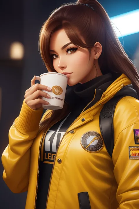 a woman in a yellow jacket holding a cup of coffee, Artgerm extremamente detalhado, anime girl drinks energy drink, Senna de League of Legends, Linda Brigitte de Overwatch, Brigitte de Overwatch, Ruan Jia e Artgerm, trending artgerm, Faye Valentim, como Ar...