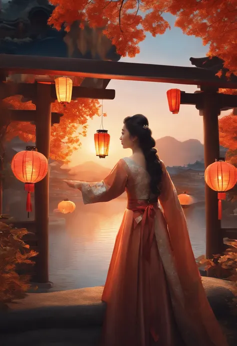 offcial art, Unity 8k wallpaper, Ultra detailed, Beautiful and aesthetic, Masterpiece, Best quality, (Fire, water, ribbon, paper cut out), (Fractal art:1.3) 1girll,Building, (Solo:1.5), Chinese_clothes, sky, Outdoors, Wide_Sleeves, black_Hair, Sunset, (Fal...