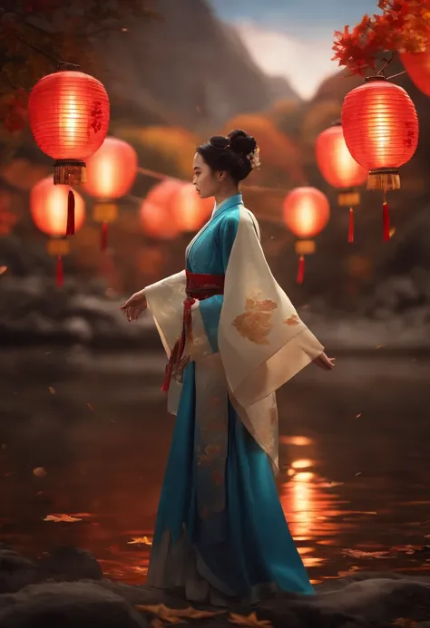 offcial art, Unity 8k wallpaper, Ultra detailed, Beautiful and aesthetic, Masterpiece, Best quality, (Fire, water, ribbon, paper cut out), (Fractal art:1.3) 1girll,Building, (Solo:1.5), Chinese_clothes, sky, Outdoors, Wide_Sleeves, black_Hair, Sunset, (Fal...