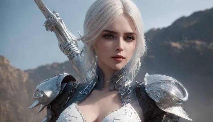 Cirilla Fiona Elen Riannon，Highest image quality，Outstanding details，超高分辨率，（Fidelity：1.4）, Favor the details，closeup cleavage，Ride a dragon，High-tech dragon knight mech，He has a delicate and beautiful face，（（Blue-white flying semi-mechanical fuselage：1.8））...