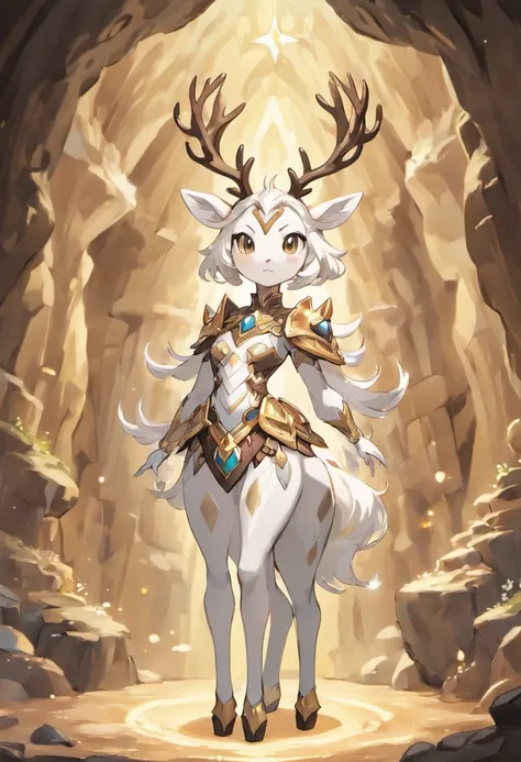 a detailed anime drawing of a huge ornate ((white and brown)) female deer with ((deep brown eyes)) and rocky crystals surrounding its body like a suit of armor with large antlers standing inside of a cave