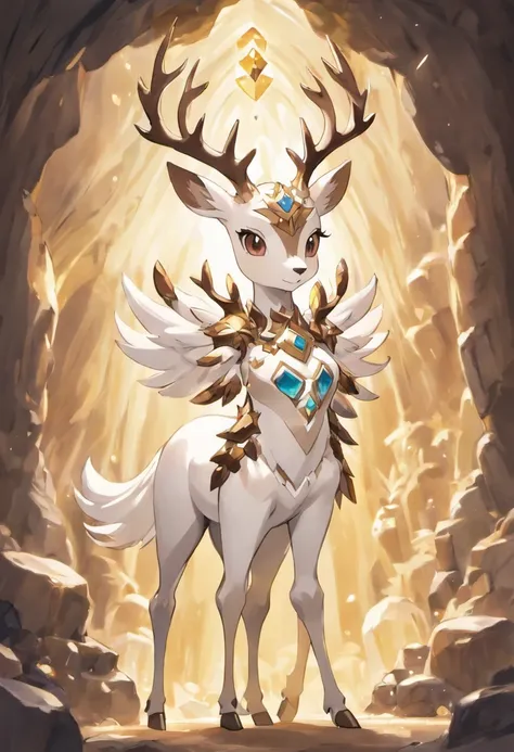 a detailed anime drawing of a huge ornate ((white and brown)) female deer with ((deep brown eyes)) and rocky crystals surrounding its body like a suit of armor with large antlers standing inside of a cave