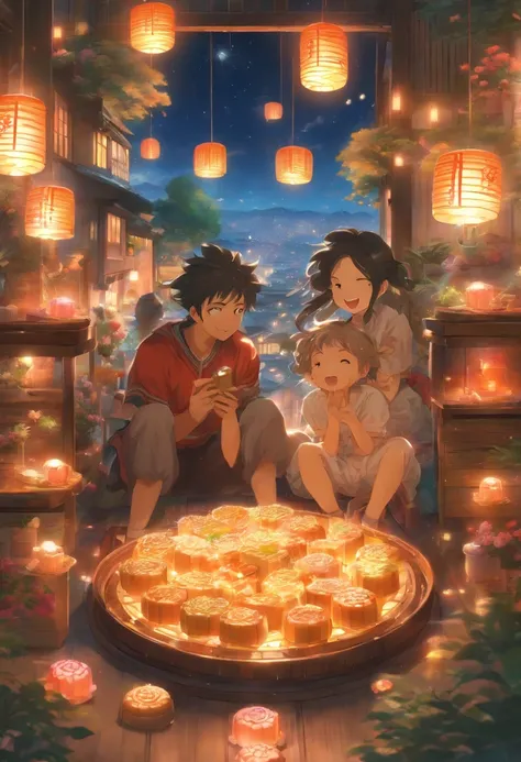 (top-quality、8K、tmasterpiece:1.3)、Full moon and stars in sky illustration，The family sits together eating mooncakes,Mom and dad laugh with the kids，Have in the living room、Bright house scene，extremely detailed face and skin，Heartwarming scene，perfect  deta...