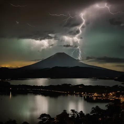 Master Parts、Superior Quality、superior image quality、The 8k quality、Beautiful pictures of the starry sky、magnifica、(Mt fuji:1.25)、dramatic cloud:1.5、(Numerous lightning strikes over Mt. Fuji:1.9)