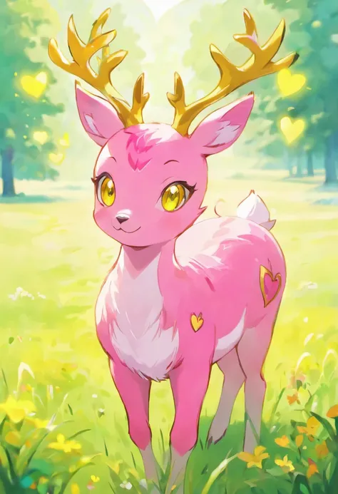 a detailed anime drawing of a large ((pink)) deer with ((bright yellow eyes)) that gives off a aura of grace with large heart-shaped antlers dashing through a meadow by itself