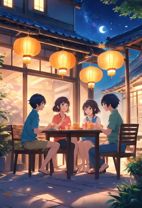 (top-quality、8K、tmasterpiece:1.3)、Full moon and stars in sky illustration，The family sits together eating mooncakes,Mom and dad laugh with the kids，Have in the living room、Bright house scene，extremely detailed face and skin，Heartwarming scene，perfect  deta...