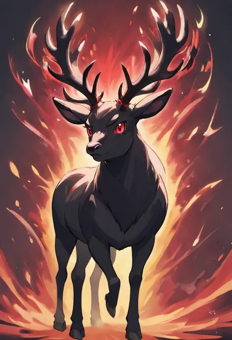 a detailed anime drawing of a huge strong ((black)) male deer with ((deep red eyes)) that gives off a dangerous aura with large dangerous antlers getting ready to attack