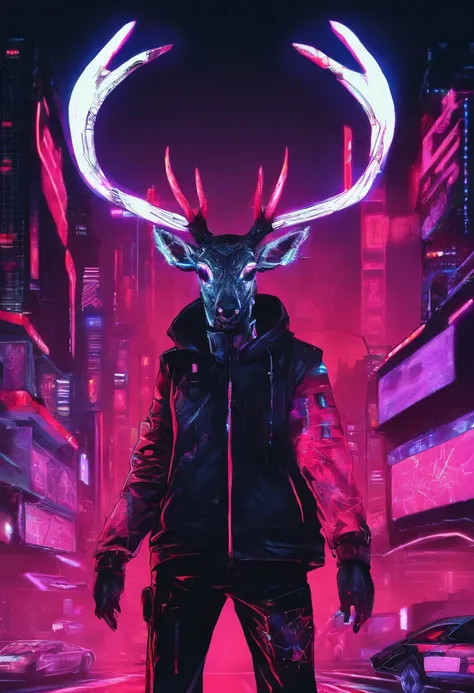 a detailed anime drawing of a huge strong ((black)) male deer with ((deep red eyes)) that gives off a dangerous aura with large dangerous antlers getting ready to attack