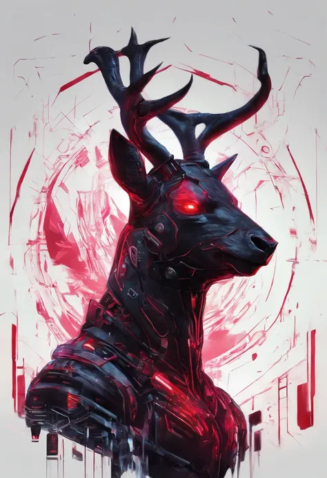 a detailed anime drawing of a huge strong ((black)) male deer with ((deep red eyes)) that gives off a dangerous aura with large dangerous antlers getting ready to attack