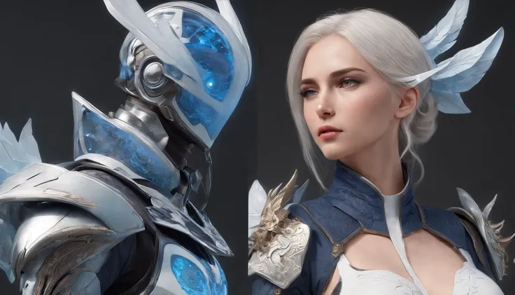 Cirilla Fiona Elen Riannon，Highest image quality，Outstanding details，超高分辨率，（Fidelity：1.4）, Favor the details，closeup cleavage，Ride a dragon，High-tech dragon knight mech，He has a delicate and beautiful face，（（Blue-white flying semi-mechanical fuselage：1.8））...