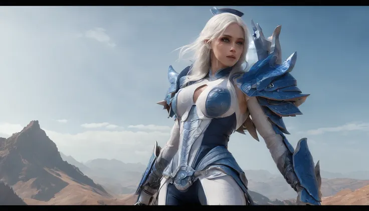 Cirilla Fiona Elen Riannon，Highest image quality，Outstanding details，超高分辨率，（Fidelity：1.4）, Favor the details，closeup cleavage，Ride a dragon，High-tech dragon knight mech，He has a delicate and beautiful face，（（Blue-white flying semi-mechanical fuselage：1.8））...