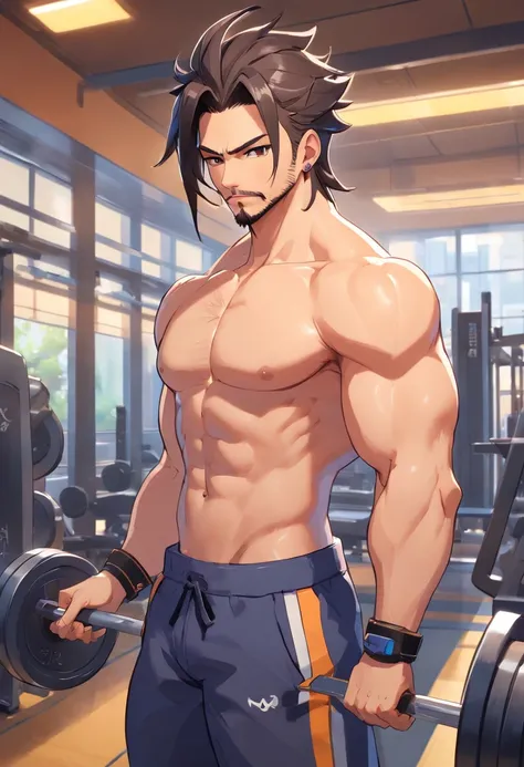 Hanzo Overwatch working out in a bodybuilding gym, well-defined muscles, focus in muscles, detailed biceps and triceps, cabelo perfeito, rosto perfeito, perfect hands, dedos perfeitos