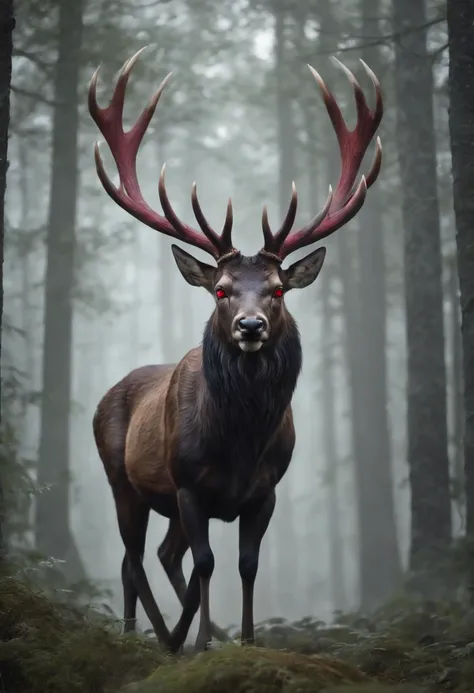 a detailed anime drawing of a huge strong ((black)) male deer with ((deep red eyes)) that gives off a dangerous aura with large dangerous antlers getting ready to attack