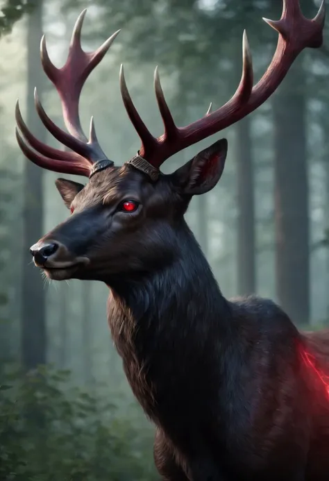 a detailed anime drawing of a huge strong ((black)) male deer with ((deep red eyes)) that gives off a dangerous aura with large dangerous antlers getting ready to attack