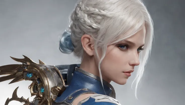 Cirilla Fiona Elen Riannon，Highest image quality，Outstanding details，超高分辨率，（Fidelity：1.4）, Favor the details，closeup cleavage，Ride a dragon，High-tech dragon knight mech，He has a delicate and beautiful face，（（Blue-white flying semi-mechanical fuselage：1.8））...