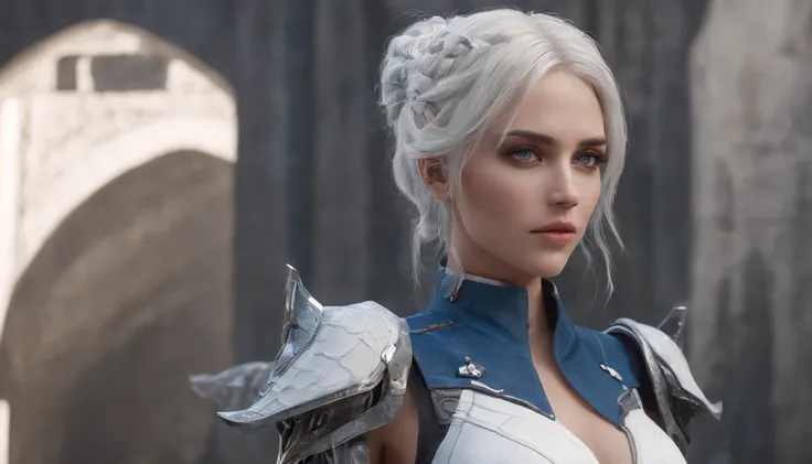 Cirilla Fiona Elen Riannon，Highest image quality，Outstanding details，超高分辨率，（Fidelity：1.4）, Favor the details，closeup cleavage，Ride a dragon，High-tech dragon knight mech，He has a delicate and beautiful face，（（Blue-white flying semi-mechanical fuselage：1.8））...