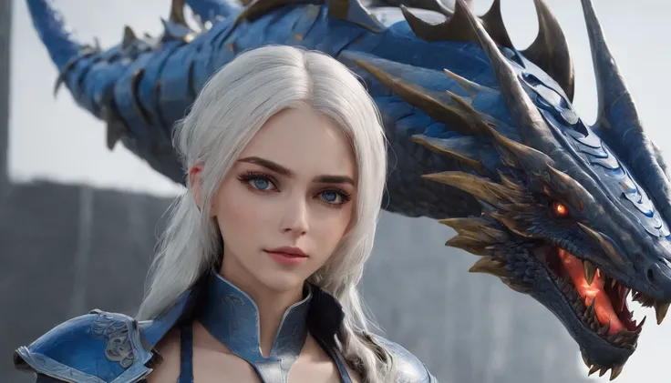 Cirilla Fiona Elen Riannon，Highest image quality，Outstanding details，超高分辨率，（Fidelity：1.4）, Favor the details，closeup cleavage，Ride a dragon，High-tech dragon knight mech，He has a delicate and beautiful face，（（Blue-white flying semi-mechanical fuselage：1.8））...