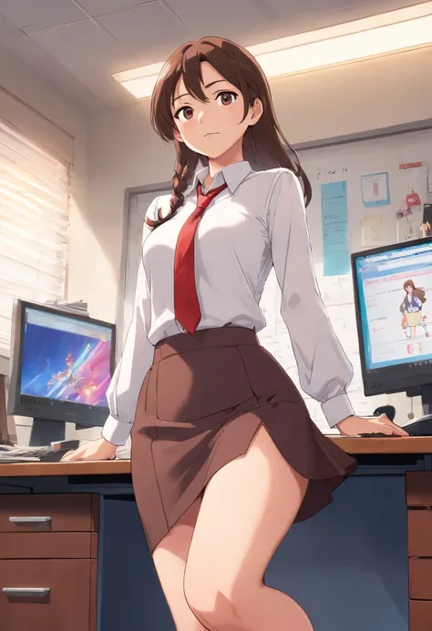 A woman wearing a white dress shirt and dark brown pencil skirt. Her skirt rides high enough so you can see the bottom of her red panties. She has large, clearly visible breasts under her shirt. Shes stood in an office. NSFW, Porn, Hentai, Ecchi, Softcore,...