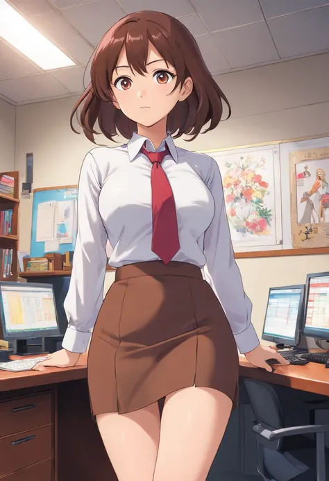 A woman wearing a white dress shirt and dark brown pencil skirt. Her skirt rides high enough so you can see the bottom of her red panties. She has large, clearly visible breasts under her shirt. Shes stood in an office. NSFW, Porn, Hentai, Ecchi, Softcore,...