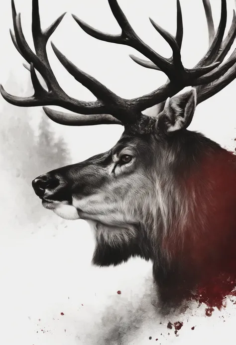 a detailed anime drawing of a huge strong ((black)) male deer with ((deep red eyes)) that gives off a dangerous aura with large dangerous antlers getting ready to attack