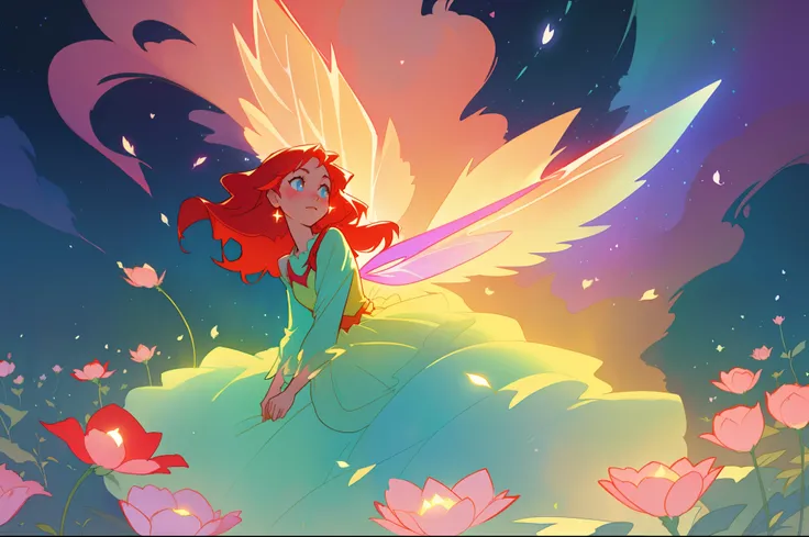 beautiful girl in flowing layered puff long sleeve ballgown, (large fairy wings), glowing flowing ballgown, glowing red hair, sparkling fairy wings, watercolor illustration, flowers and colorful plants, inspired by Glen Keane, inspired by Lois van Baarle, ...