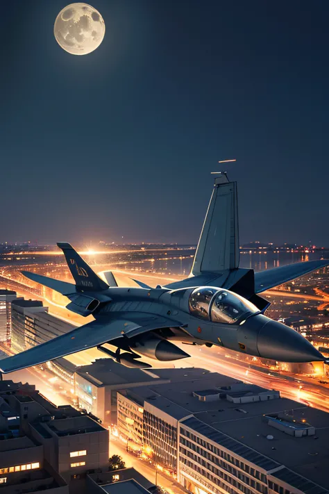 PHOTOREALISTIC, masterpiece, best quality, highres, fighter jet flying at low altitude, ruined city scenery, night sky with visible moon