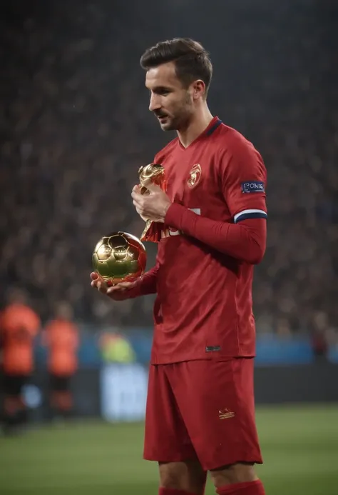 Homem Soccer Player, in red suit receiving the award of the Ballon dOr