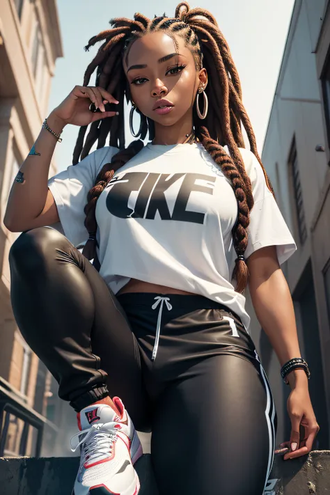 A female drill rapper with dreads and Nike tech pants and shirt